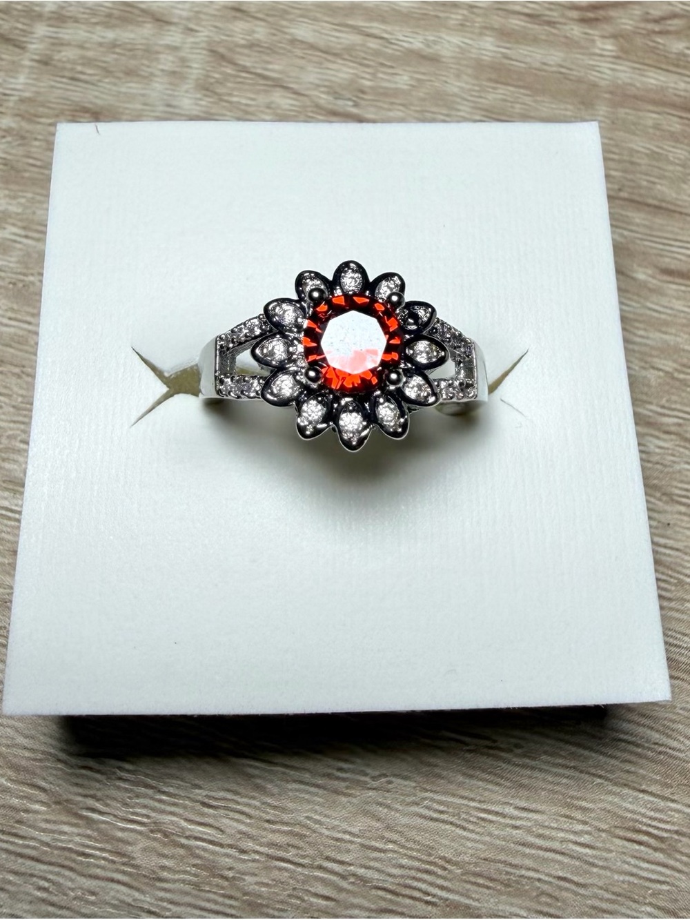 Silver Floral Halo Ring with Orange Center Stone